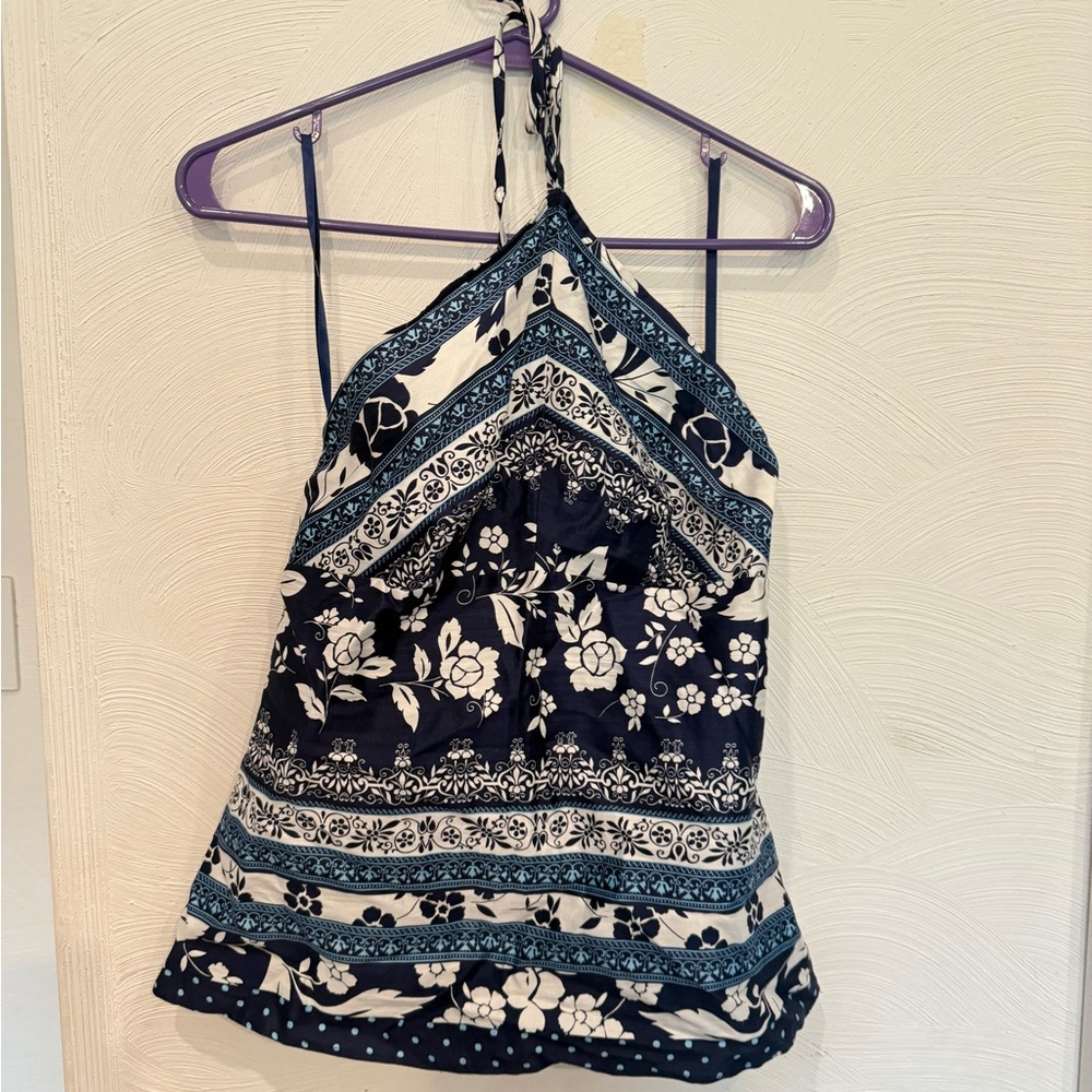 LOFT Blue and White Tiered Halter Tank Top